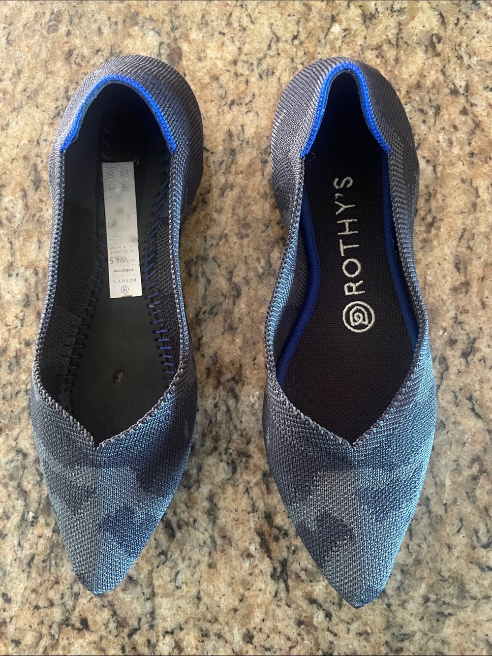 Rothy's Women's Pointed Knit Flats in Blue and Gray abstract pattern women’s 6.5